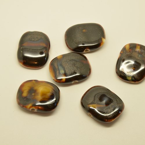 6 perles palets rectangles en céramique - marbrées marron - 23x30mm