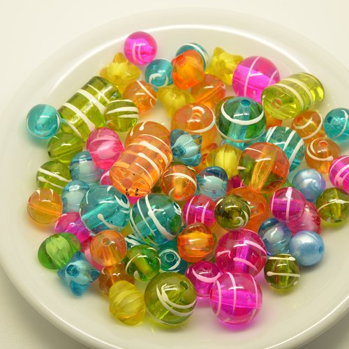 72 perles bonbons translucides - couleurs variées - 9 à 19mm