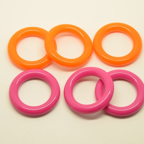 6 connecteurs anneaux en acrylique - orange, rose fuchsia - 34mm