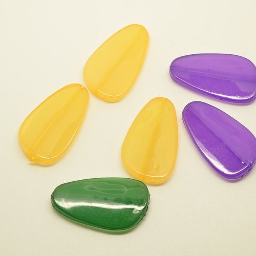 6 grandes perles palets ovoïdes - jaune, violet, vert - 21x38mm
