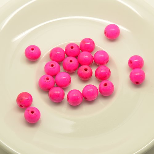 20 perles rondes en céramique - rose fuchsia - 8mm