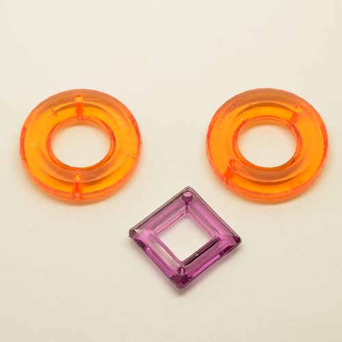 3 connecteurs anneaux en acrylique - orange, violet - 26 et 30mm