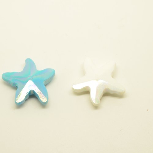 2 perles étoiles de mer - turquoise, blanc - 27mm