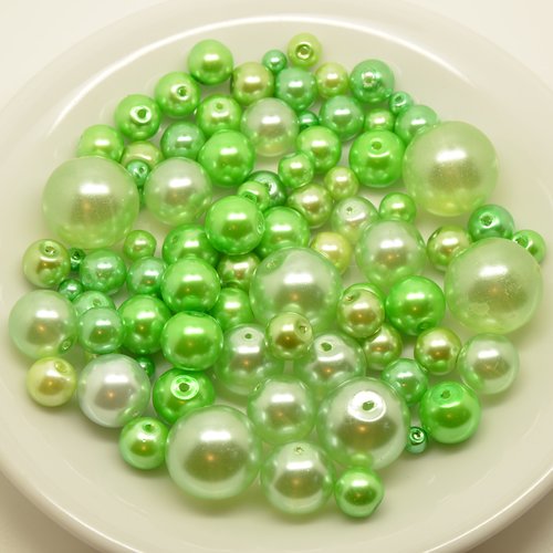200 perles rondes nacrées - vert - 4 à 15mm