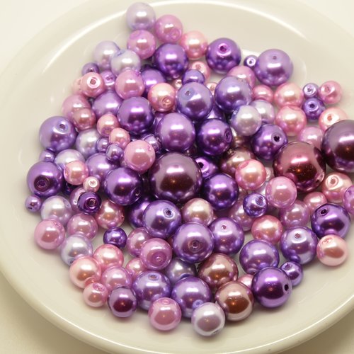 170 perles rondes nacrées - violet, mauve - 4 à 14mm