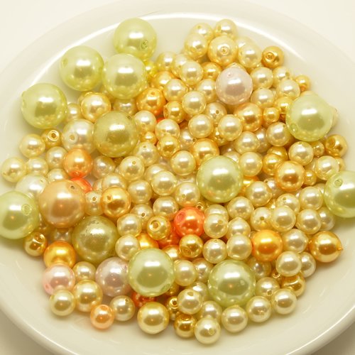 270 perles rondes nacrées - crème, jaune - 4 à 12mm