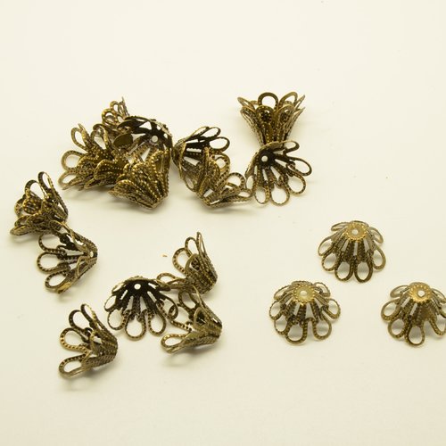 10 coupelles/calottes fleurs filigranées - bronze - 15mm