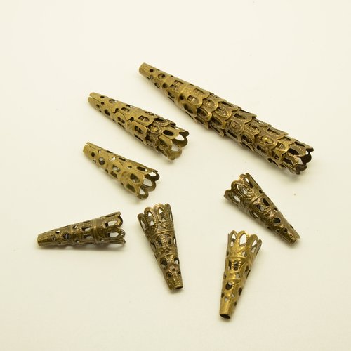 16 coupelles/calottes cônes longs filigranées - bronze, doré - 9x23mm