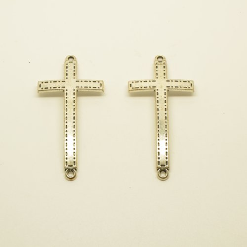 2 connecteurs croix effet surpiqûres pour bracelet - argenté - 25x53mm