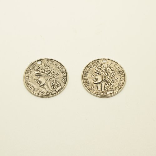 2 breloques médailles/pièces de monnaie - argenté - 23mm