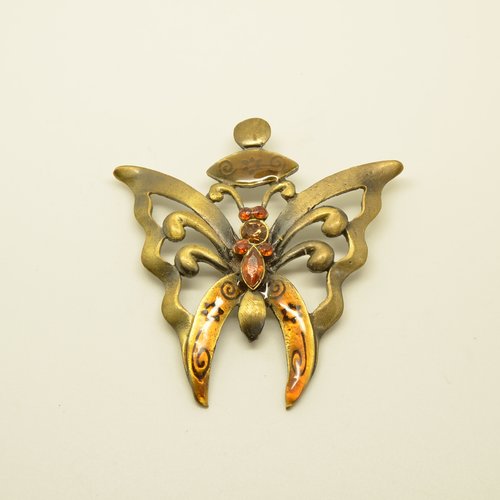 1 grand pendentif papillon émaillé - bronze, ambre - 57x60mm