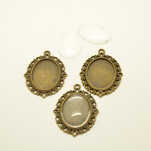 3 supports avec cabochons ovales 18x25mm - bronze - 29x39mm