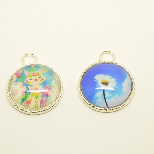 2 pendentifs ronds à cabochons fleur et chat - argenté, turquoise, bleu - 30mm