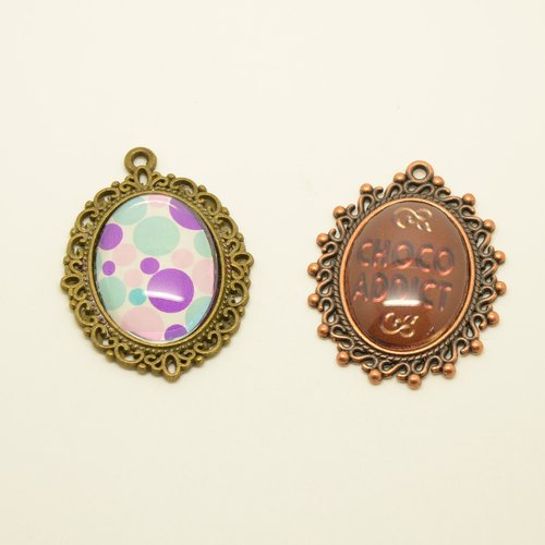 2 pendentifs ovales à cabochons chocolat et bulles - cuivre, bronze, marron, violet - 29x38mm