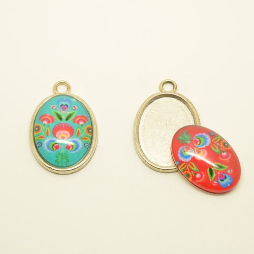 2 pendentifs ovales à cabochons motifs abstraits - argenté, turquoise, rouge - 21x33mm