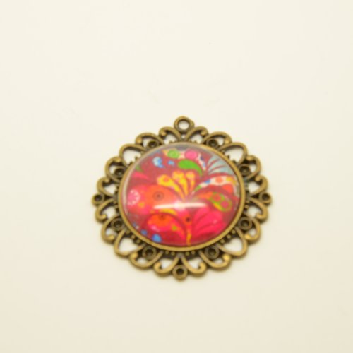 1 pendentif rond à cabochon motif fleurs abstraites - bronze - 38mm