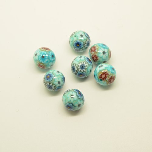 7 perles rondes en pâte fimo - turquoise, marron - 12mm