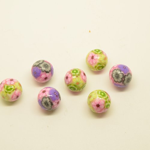 7 perles rondes en pâte fimo - violet, rose, vert - 13mm