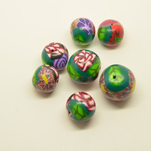 7 perles rondes en pâte fimo - multicolore - 15 à 20mm