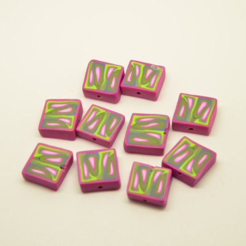 10 perles palets carrés à motifs abstraits (fimo) - gris, rose, vert - 16x16mm