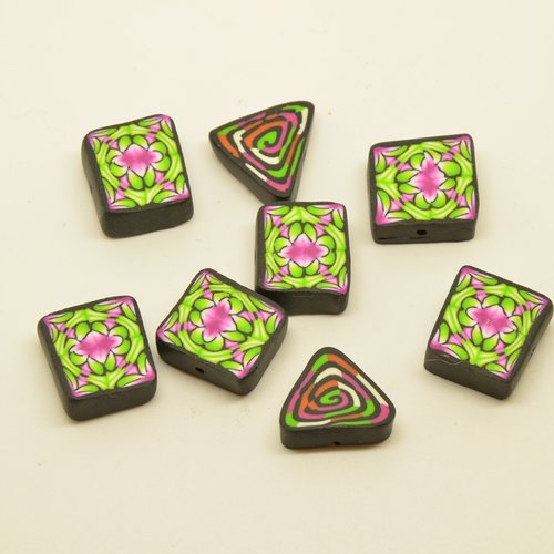 8 perles palets carrés et triangles (fimo) - rose, vert - 16x16mm