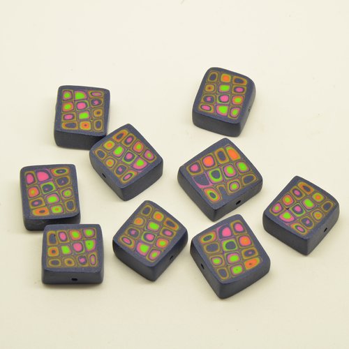 9 perles palets carrés à motifs géométriques (fimo) - multicolore - 15x15mm