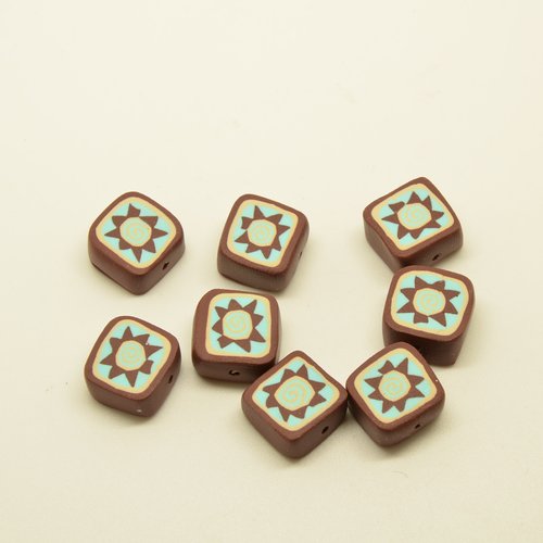 8 perles palets carrés motif soleil (fimo) - bleu, marron - 13x13mm