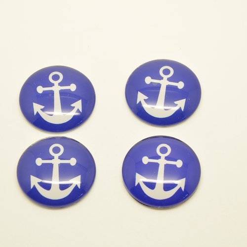 4 cabochons ronds avec motifs ancres - bleu, blanc - 25mm