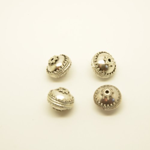 4 grosses perles toupies ethniques - argenté - 17x13mm