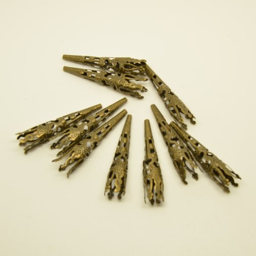 11 coupelles/calottes cônes longs filigranées - bronze - 8x40mm