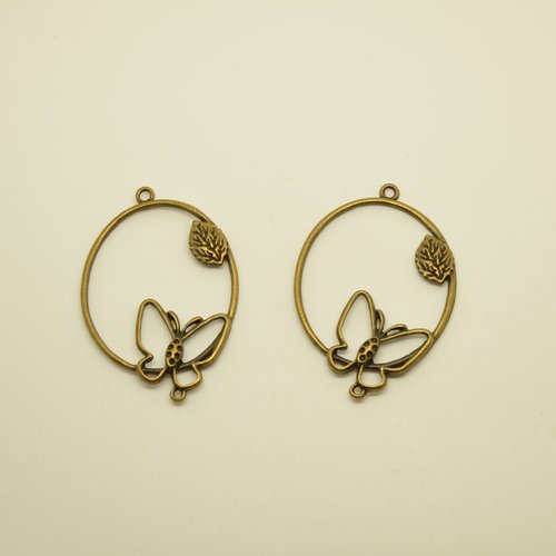 2 pendentifs/connecteurs ovales papillon/feuille - bronze - 36x53mm