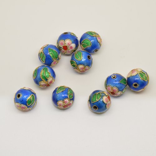 10 perles cloisonnées rondes - bleu - 11mm