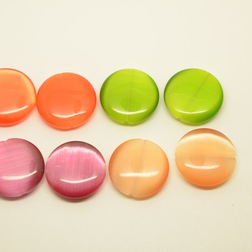 8 perles palets en verre oeil-de-chat - vert, orange, jaune, rose violine - 25mm