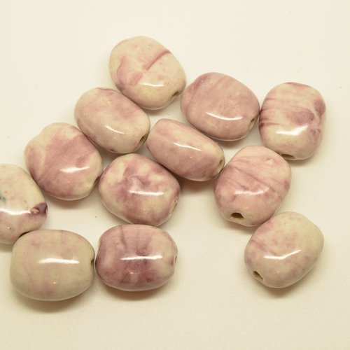 12 perles ovales en céramique - marbrées gris/prune- 16x20mm