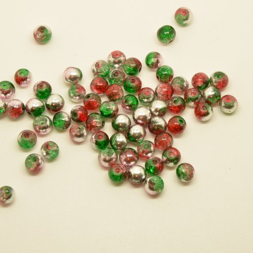 60 perles rondes en verre craquelé - rouge, vert, argent - 6mm