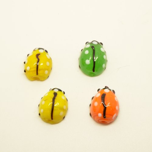 4 perles coccinelles - vert, jaune, orange - 15x19mm