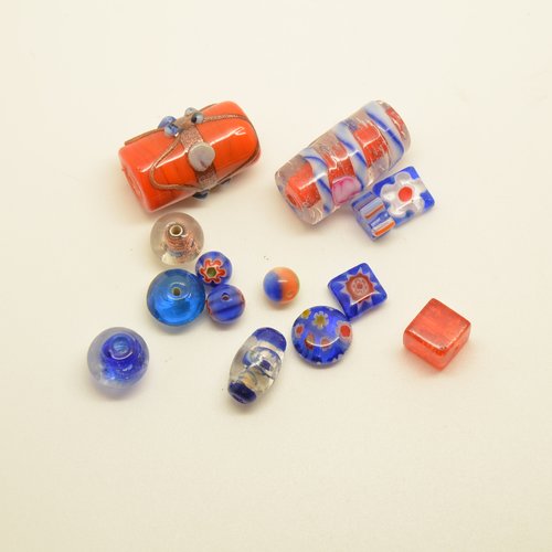 14 perles assorties en verre millefiori - bleu/orange - 6 à 23mm