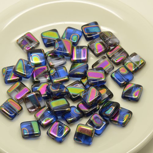40 perles carrées irisées - bleu foncé, prune - 10mm