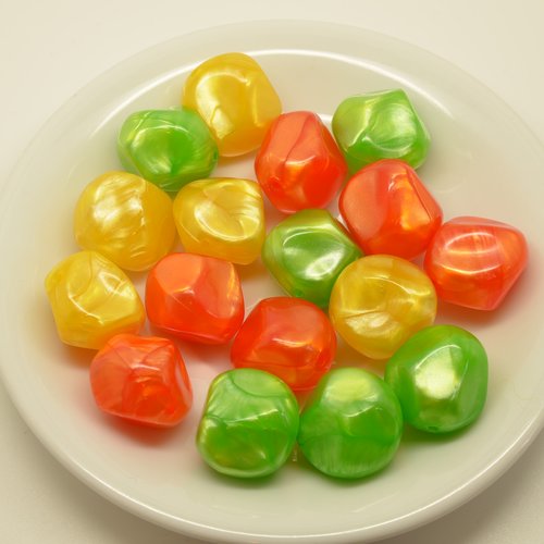 15 grosses perles rondes irrégulières - orange, jaune, vert - 20mm