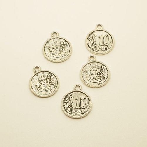 5 breloques médailles/pièces de monnaie - argenté - 19mm