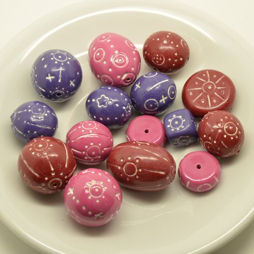 15 perles assorties style ethnique (fimo) - bordeaux, rose, violet - 11 à 25mm