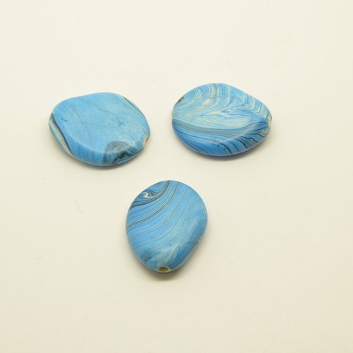 3 perles palets galets (fimo) - bleu - 20x24mm