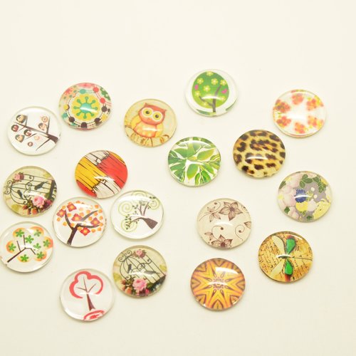 18 cabochons ronds motifs arbres, libellule, chouette, léopard - multicolore - 12mm
