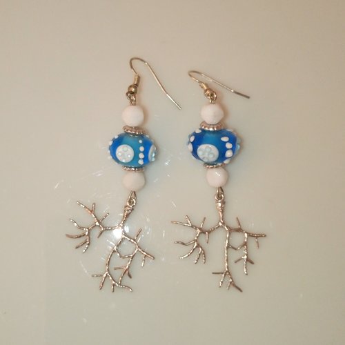 Boucles d'oreilles branches de corail turquoise/argenté