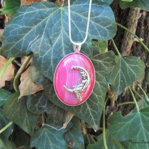Collier pierre naturelle agate, ovale fée, rose femme, unique, fait main, france
