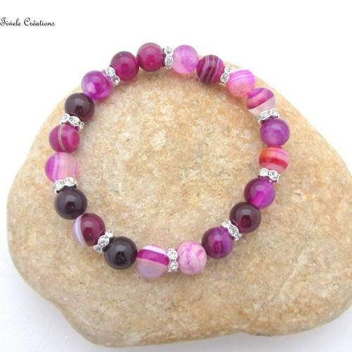 Bracelet agate rose, élastique femme, pierre semi précieuse, fait main