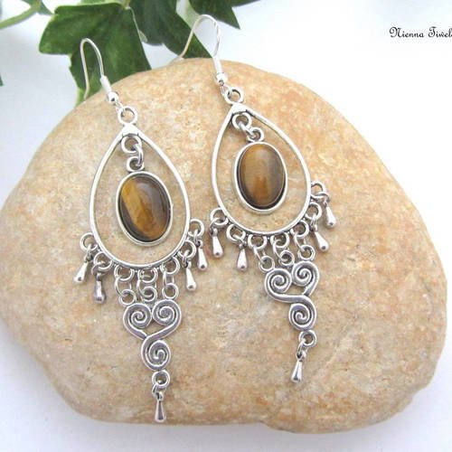 Boucles d'oreilles argent, bijoux pierre, oeil de tigre, bohème, longues, femme