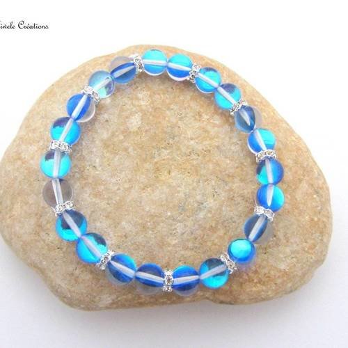 Bracelet élastique femme, création artisanale, pierre semi précieuse aqua aura, bleu