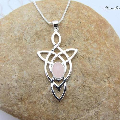 Collier celtique femme, pierre précieuse quartz rose, argent, fait main