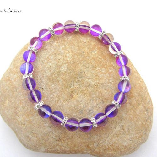 Bracelet élastique femme, pierre naturelle, aqua aura, violet, fait main